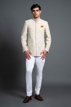 Shop for Raghavendra Rathore Jodhpur Off White Silk Embroidered Bandhgala for Men Online at Aza Fashions White Bandhgala, Embroidered Bandhgala, Bandhgala For Men, Raghavendra Rathore, Thread Embroidery, Jodhpur, Fabric Silk, White Silk, Wedding Groom