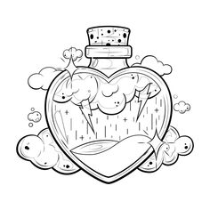 an ink drawing of a heart with lightning coming out of it, surrounded by clouds and rain