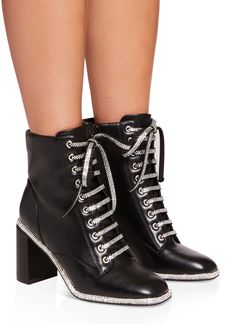 Bootie, Square Toe, Block Heel, High Heel: 3-4 inches, Grommets, Lace Up, Rhinestones, Zippers, Solid, Faux Leather, Item Number 3115004068402 Weatherproof Boots, Lace Up Block Heel, Mid Heel Shoes, Fur Shoes, Block Heel Shoes, Low Heel Shoes, Denim Shoes, Fur Boots, Black Rhinestone