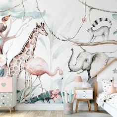 a child's bedroom decorated in pink, grey and white with an elephant wall mural