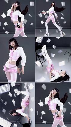 a collage of photos shows a woman in pink and white clothing with long black hair