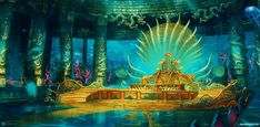 an underwater scene with a golden throne in the center and blue water surrounding it, surrounded by gold columns