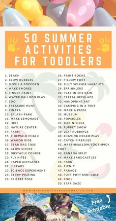 a poster with the words summer activities for toddlers