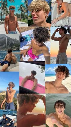 a collage of people in swimsuits at the beach