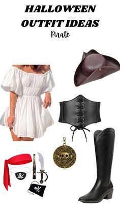 a woman in white dress and boots with pirate accessories