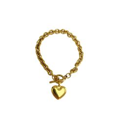 Stainless Steel Gold 7” bracelet with toggle clasp and heart charm. Non-Tarnish Water Resistant Hypoallergenic Perfect bracelet for the new season! Gold-plated Bracelet With Toggle Clasp As Gift, Gold-tone Chain Bracelet With Toggle Clasp As Gift, Gold-tone Tarnish Resistant Charm Bracelet, Heart-shaped Charm Bracelet With Toggle Clasp As Gift, Adjustable Gold Plated Heart Bracelet, Tarnish Resistant, Toggle Clasp, New Season, Heart Charm, Water Resistant