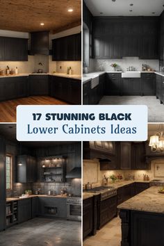 Explore 4 inspiring kitchen designs showcasing stunning black lower cabinets. Discover modern aesthetics with wooden ceilings, quaint farmhouse sinks, and chic natural stone finishes. These images illustrate unique styles that redefine kitchen spaces. Dark Cabinets With Wood Countertops, Black Cabinets With Granite Countertops, Black Bottom Cabinets Wood Upper, Black Upper Cabinets White Lower, Black Kitchen White Countertops, Dark Bottom Cabinets Light Top, Black Cabinets Wood Countertop, Black And Wood Kitchen Ideas, Rustic Black Kitchen Cabinets