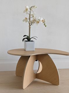 a vase with white flowers sitting on top of a wooden table next to a wall