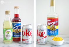 two pictures side by side showing different types of drinks and ingredients to make an ice cream cake