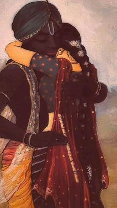 a painting of two people hugging each other