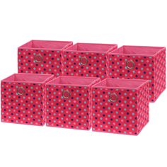 six pink and blue polka dot storage bins