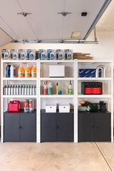 the shelves are filled with different types of cleaning products