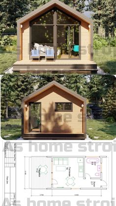 the plans for a small cabin are shown in three different views, including an open floor plan