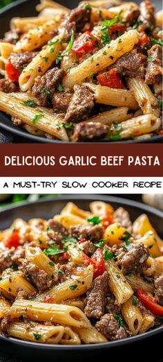 two pictures of pasta with beef and peppers in a skillet, one is being cooked