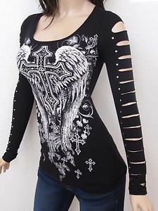 Bling Bling Rhinestone Cross Wings Cutout Stud Sleeves New Top Sexy Vocal Biker Affliction Clothing, Biker Wear, Fluer De Lis, Rhinestone Cross, Mode Casual