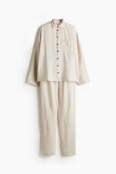 Pajama shirt and pants in washed linen. Shirt with turn-down collar  buttons at front  and open chest pocket. Wide-cut pants with covered  elasticized waistband with drawstring. Linen Pyjamas, Linen Pajamas, Women Nightwear, Pajama Shirt, Shirt And Pants, Trending Now, Light Beige, Linen Shirt, Fashion Company