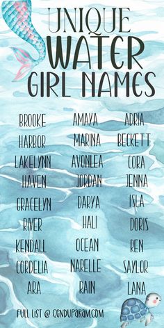 a poster with the words unique water girl names in black and white, on a blue background