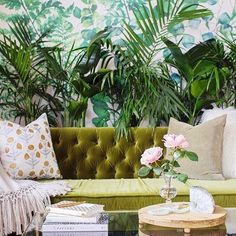 a living room with green velvet couches and plants on the wall behind them,