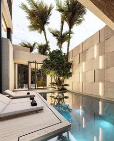 an indoor swimming pool with lounge chairs and palm trees