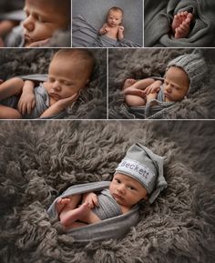 a collage of photos shows a baby wrapped in a blanket and wearing a hat