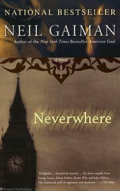 a book cover with a clock tower in the background and text that reads,'neverwhere '