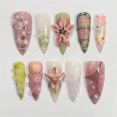 🍁 Material: I only work with high-quality materials to create sturdy, long-lasting luxury press-on nails that you can trust. My nails will last for: 1.1-2 days using adhesive tabs (provided with the nail set) 2.3-4 weeks using nail glue. You can reuse all of the nails multiple times if you take care of them. Follow the instructions provided with the nail set. 🍁 Size: XS: 14, 10, 11, 10, 8 mm S: 15, 11, 12, 11, 9 mm M: 16, 12, 13, 12, 9 mm L: 17, 13, 14, 13, 10 mm If you would like a custom siz Press On Nails Collection, Long Nail Sets, Pastel Butterfly Nails, Bouquet Nails, Flower Fairy Nails, Nail Fairycore, Zen Nails, Lily Nail Art, Nail Designs Floral