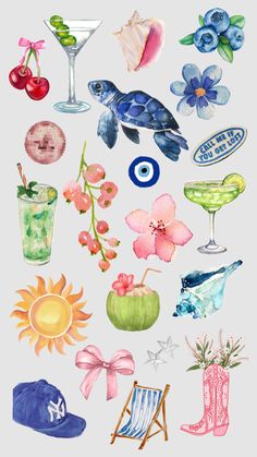 watercolor painting of different types of flowers and drinks