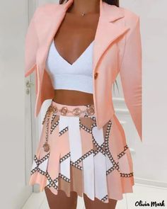 Olivia Mark - Long Sleeve Blazer Coat and Scarf Print Pleated Skirt Set Crop Suit, Pleated Mini Skirt Outfit, Skirt Outfit Casual, Peach Skirt, Pleated Skirt Set, Blazer And Skirt Set, Skirt Suits, Printed Pleated Skirt, Blazer And Skirt