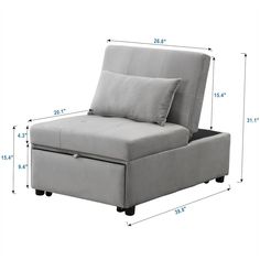 an image of a gray couch with storage compartment on the bottom and measurements for it