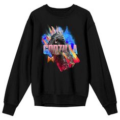 Gear up for the ultimate showdown with this adult black crew neck long sleeve sweatshirt showcasing the mighty Godzilla against an electrifying orange and red backdrop, adorned with vibrant pink lettering spelling out the monster's name. Crafted from a sturdy blend of 50% cotton and 50% polyester, this officially licensed sweatshirt guarantees both style and durability. Godzilla X Kong, Godzilla Vs Kong, Action Movie, Godzilla Vs, Godzilla, Long Sleeve Sweatshirts, Men Short Sleeve, Fitness Fashion, Trendy Fashion