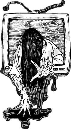 a drawing of a woman sitting in front of a tv with her head on the ground