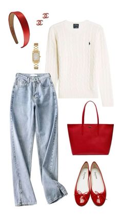 a white sweater, jeans and red shoes are arranged in the shape of a woman's outfit