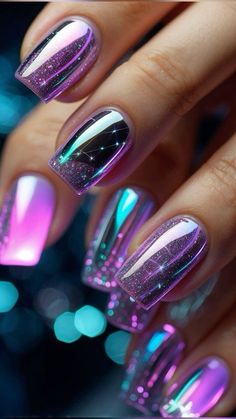 nail art Heart Nail Designs, Chrome Nails Designs, Nail Designs Tutorial, Galaxy Nails, Purple Nail, Glow Nails, Pretty Nail Art, Cute Nail Art, Gel Nail Designs