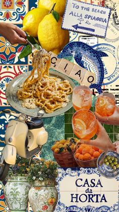 the collage shows different types of food and drinks, including lemons, oranges,