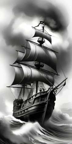 a black and white photo of a pirate ship in the middle of an ocean with waves