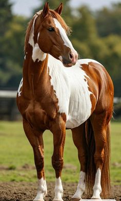 a brown and white horse standing on top of a dirt field