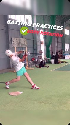 a woman swinging a tennis racquet on top of a tennis court with the words batting practices below it