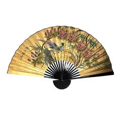 One of the largest hand painted Oriental fans we have seen spanning 5.5 feet across and 40" tall! This decorative golden wall fan is made from black lacquer, bamboo, paper and ink/paints and depicts a traditional Chinese scene of two exotic colourful long tailed phoenix birds perched on a rock amongst trees, red, pink and white chrysanthemums.  All carefully hand painted over a rich gold background. Signed in ink, top left by the artist, with his seal/chop. Original Chinese label with serial num Hanging Fans On Wall, Traditional Chinese Fan, Chinese Eyes, Phoenix Birds, Book Collage, Lacquered Walls, Chinese Fans, Chinese Wall, Painted Fan