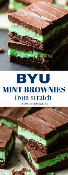 mint brownies are stacked on top of each other