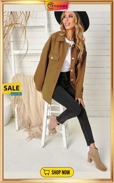 Brown Turn Down Collar Buttoned Baggy Coat with Pocket Khaki Shacket With Buttoned Pockets For Fall, Fall Khaki Shacket With Buttoned Pockets, Trendy Solid Color Shacket For Fall, Trendy Khaki Shacket For Fall, Trendy Oversized Khaki Shacket, Casual Khaki Shacket For Fall, Casual Fall Shacket For Workwear, Trendy Khaki Shacket For Workwear, Trendy Oversized Shacket For Workwear