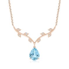 This charming nature inspired pendant is designed in 14k rose gold. The pear-shaped sea-blue aquamarine is accompanied with shimmering diamonds that are pave-set on the leaf motifs. Swiss Blue Topaz Necklace, London Blue Topaz Necklace, Blue Topaz Pendant Necklace, Blue Topaz Necklace, Blue Topaz Pendant, Aquamarine Pendant, Aquamarine Necklace, Topaz Necklace, Diamond Glitter