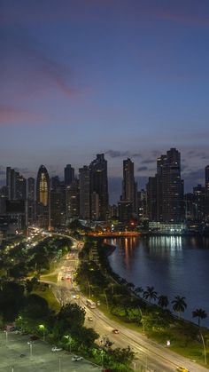 an aerial view of a city at night