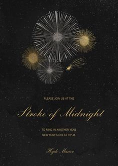 a black and gold wedding card with fireworks in the night sky, on top of it