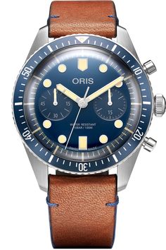 In deep Bucherer BLUE with an aluminum bezel and stainless steel elements, the new Oris Divers Sixty-Five... Chronograph is a unique timepiece with modern watchmaking ingenuity. Its brown leather strap lends a retro touch, while creative technology make this model an impeccable tool watch. Its “light old radium” Super LumiNova® inlays allow for extreme legibility over the Bucherer BLUE dial and an unmistakable appearance. In a world of relaxed luxury, there’s a place for the daring pioneers – a space for the innovative and the creative. It’s where the unexpected comes to life, fulfilling a burning desire to turn daring ideas into reality. Celebrate the extraordinary with your exceptional: Bucherer BLUE. Tool Watch, Creative Technology, Burning Desire, Fine Watches, Brown Leather Strap, The Unexpected, Blue Accents, Diamond Gemstone, Chronograph