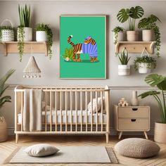 a baby's room with a crib, potted plants and pictures on the wall