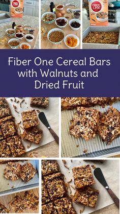 a collage of pictures showing different types of cereal bars with walnuts and dried fruit