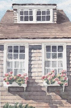 a watercolor painting of a house with flowers in the window boxes on the porch