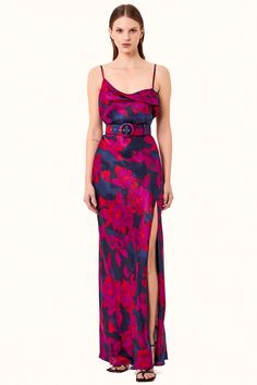 Belira Dress - Magenta Blurred Floral Print – NICHOLAS Fitted Evening Dress With Belt Detail, Formal Fitted Maxi Dress With Belt, Belted Fitted Dress For Gala, Fitted Belted Dress For Gala, Fitted Maxi Dress With Belt For Party, Fitted Maxi Dress With Belt For Evening, Chic Belted Maxi Dress For Party, Chic Party Maxi Dress With Belt, Fitted Belted Maxi Dress For Night Out