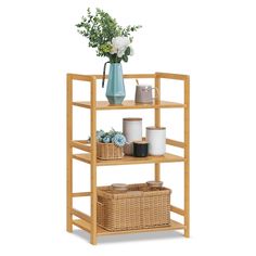 a wooden shelf with baskets and vases on the top, against a white background