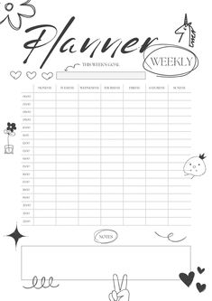 a printable planner with hearts and stars on the side, in black and white